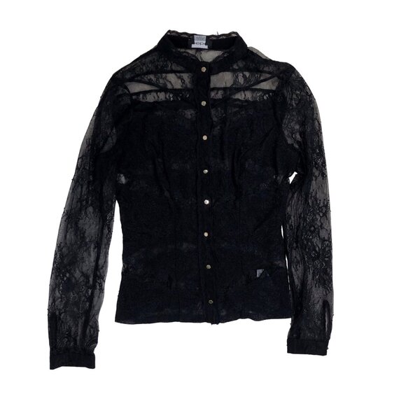 Y2K Bebe Black Sheer Lace Womens XS Long Sleeve Button-Up Whimsygoth Grunge - Picture 4 of 8